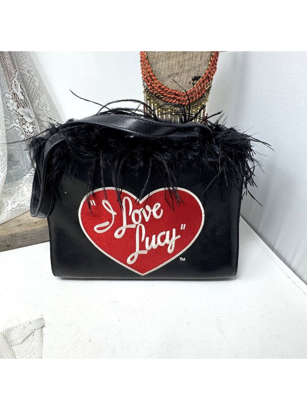 I Love Lucy Purse Black Feather Trim Faux Leather Bucket Purse